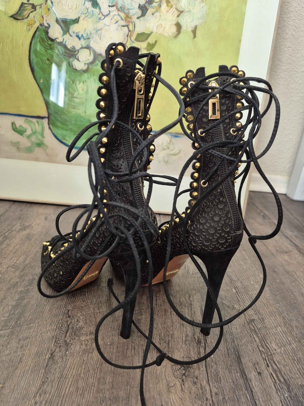 SCHUTZ Black Lace-Up High Heel Stilettos with Gold Stud Detailing